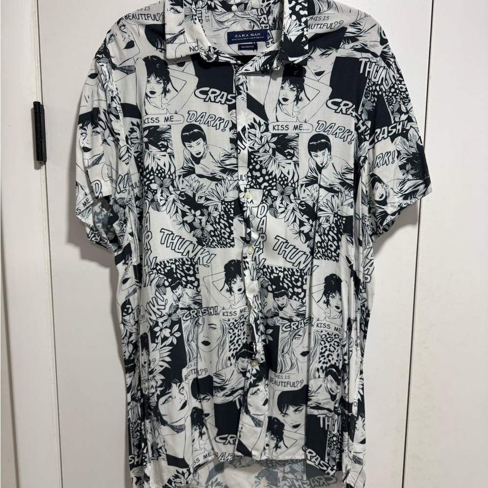 Zara Black and White Comic Print Short-Sleeve Button-Down Shirt